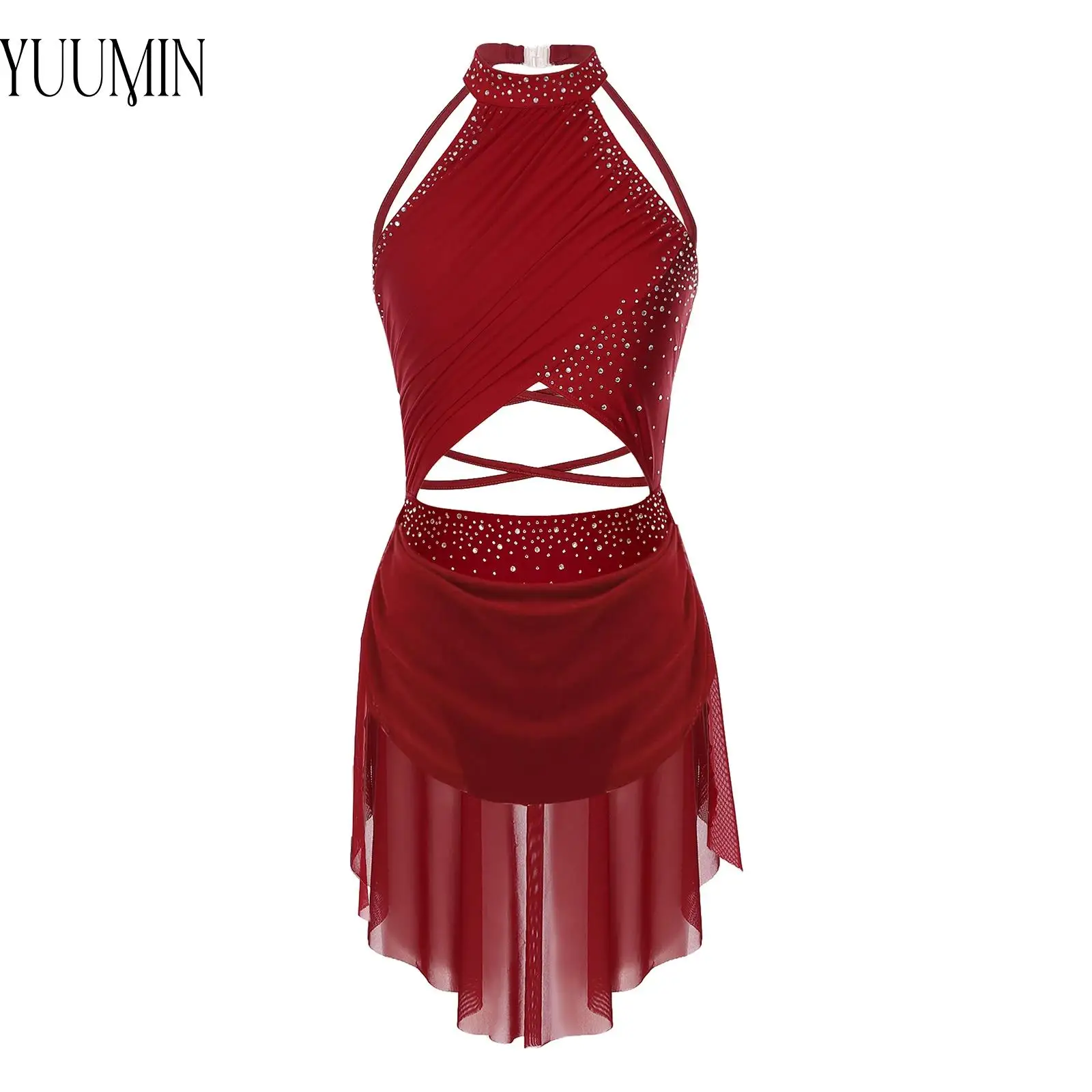 Neues lyrisches Tanzkleid für Damen, Strass-Ausschnitt, Riemchen, durchsichtiges Mesh-Trikotkleid, modernes Tanz-Performance-Abschlussball-Party-Kostüm