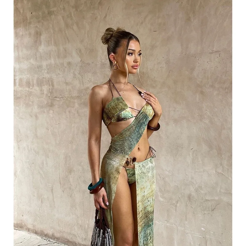 여성 섹시한 나이트 클럽 긴 얇은 쉬어 드레스 여성 홀터넥 할로우 스플릿 타이 염색 파티 저녁 연회 날짜 긴 수석 드레스