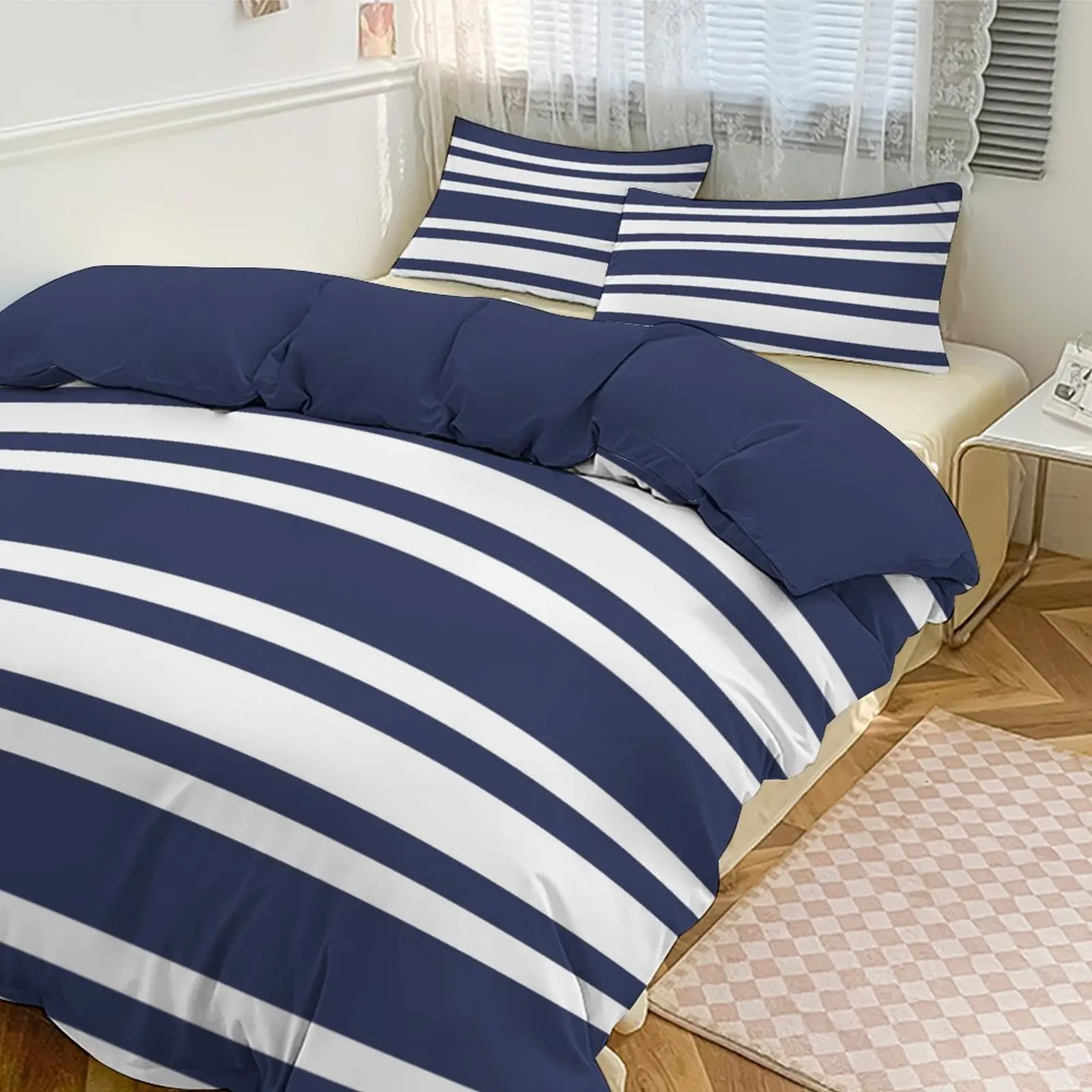 

Thickened Blue - White Striped Bedding Set, Soft & Breathable Duvet Cover with Pillowcases