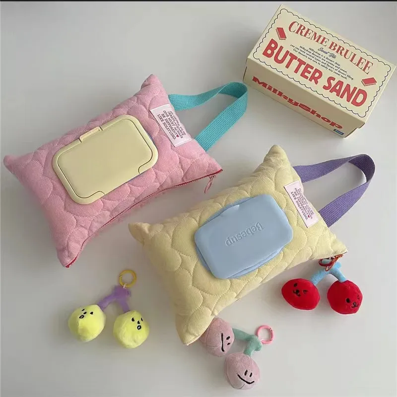 Pink Plaid Fabric Tissue Box Portable Hanging Tissue Case Living Room Container Home Car Towel Napkin Papers Bag Home Decoration