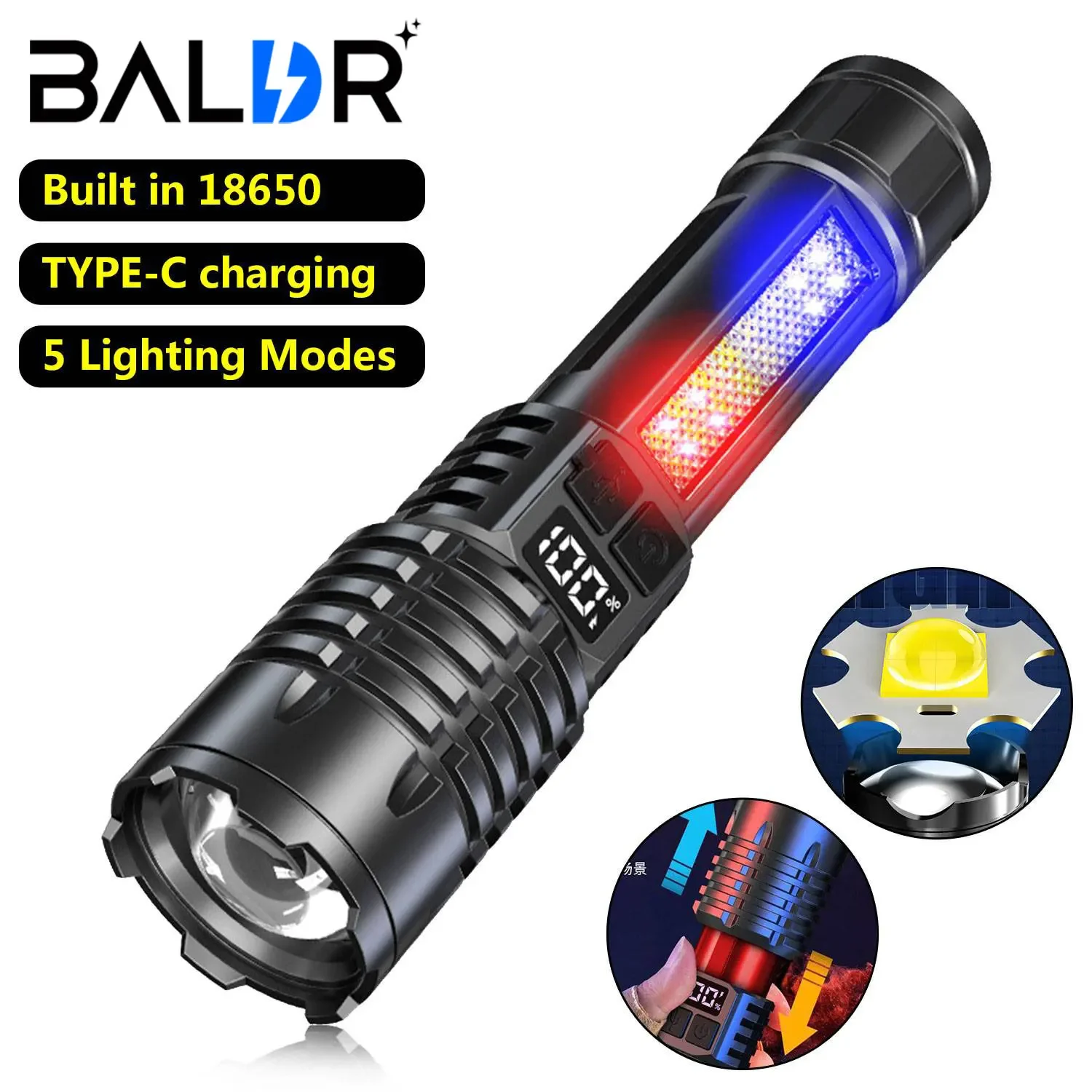 BALDR High Power Led Flashlight AJ-004 Telescopic Zoom Built-in Battery Rechargeable Led Flashlight Outdoor Camping Hiking Torch