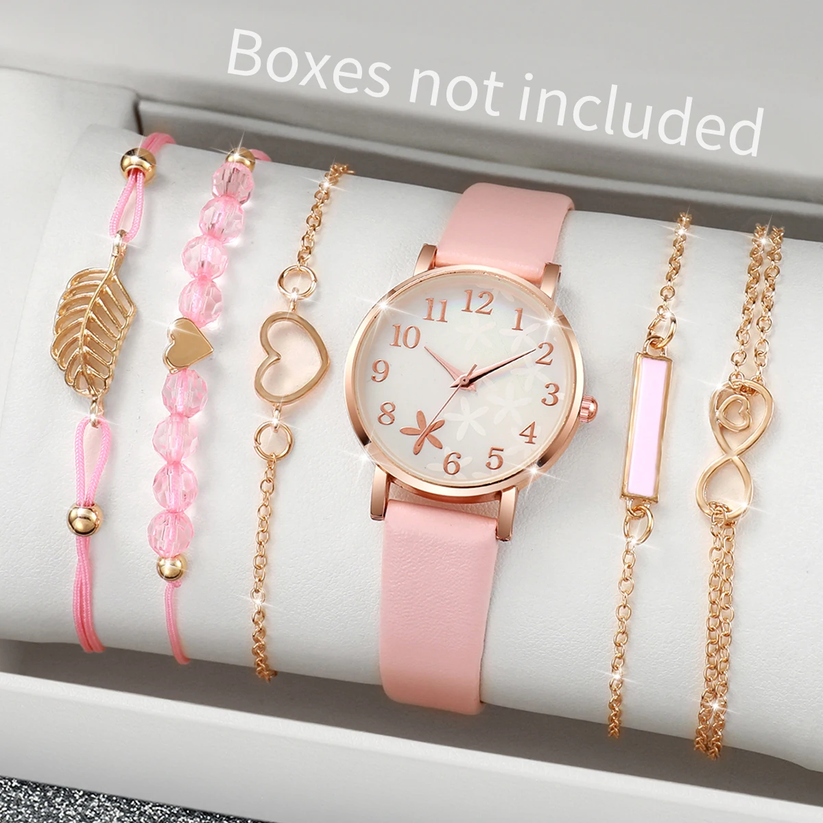 6pcs/set Ladies Women Fashion PU Leather Flower Dial Quartz Watch with Pink Bracelet Set（Box not Included）