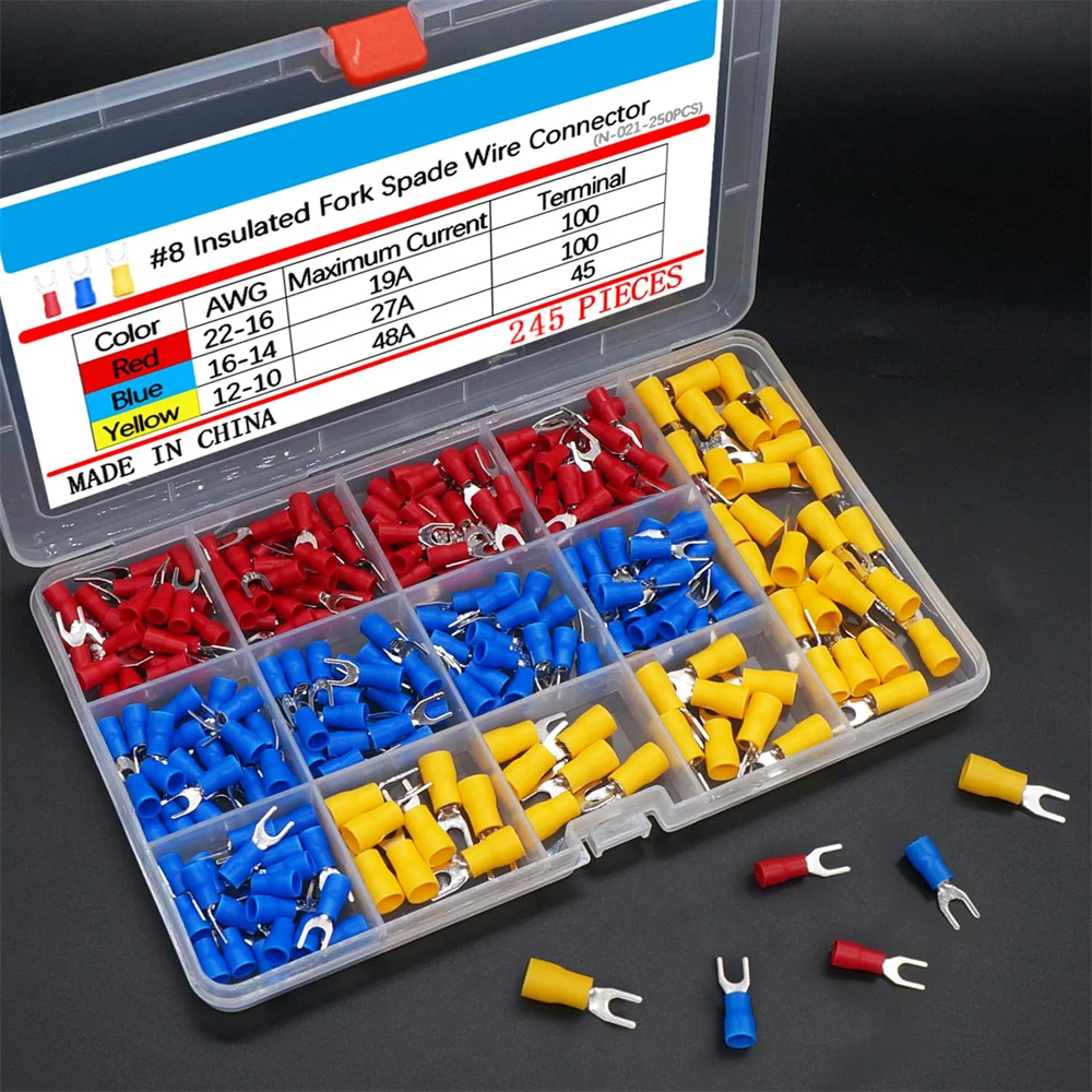 

245PCS Insulated Fork Spade Wire Cable Connector 22-16/16-14/12-10 Gauge #8 Quick Splice Crimp U-Type Terminal Connectors Kit