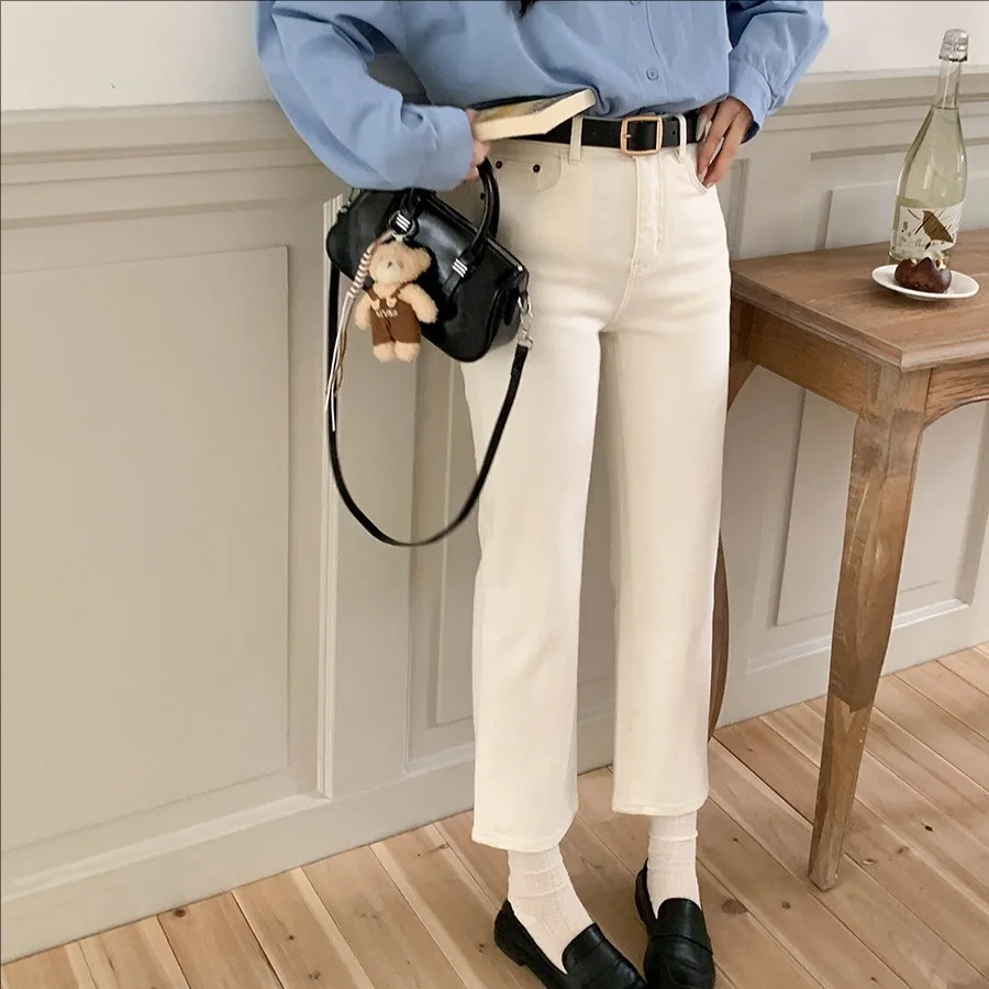 Pantalones vaqueros rectos ajustados de cintura alta para mujer pantalones blancos informales primavera otoño 2025 nueva llegada
