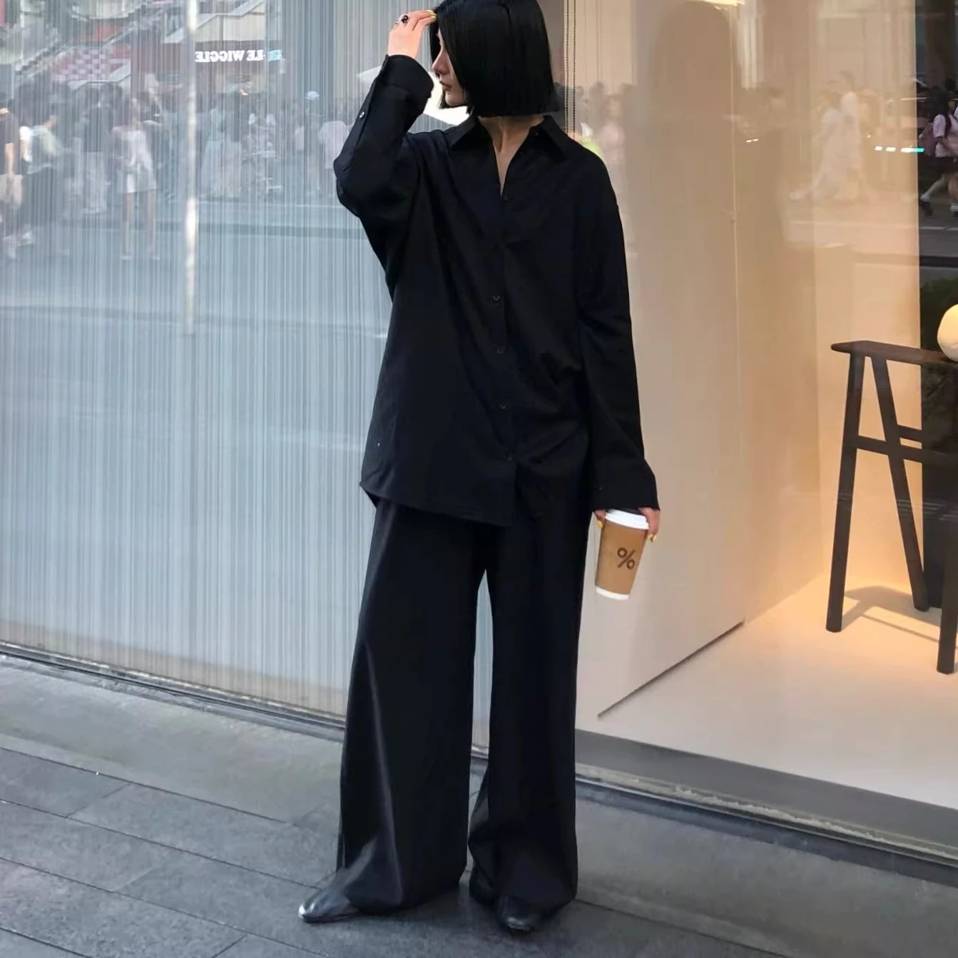 

Осенние и зимние шерстяные бесшовные широкие брюки с эластичной резинкой и высокой талией, свободные прямые повседневные брюки для женщин