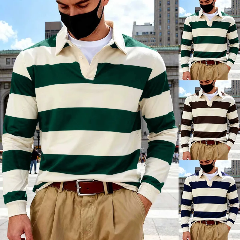 Men's wide horizontal striped rugby shirt - long sleeves, V-neck, loose and retro casual fall daily street pullover shirt