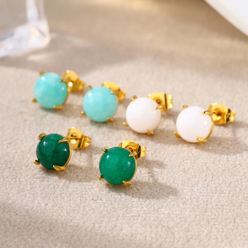 kissmoon Minimalist Simple Round Natural Turquoise White Jade Green Stud Earrings for Women Fashion Daily Wear Jewelry Gifts
