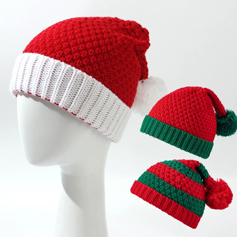 Knitted Christmas Hat Cute Pom Pom Adult Kids Soft Beanie Santa Hat New Year Party Kids Christmas Gift Navidad Xmas Decoration