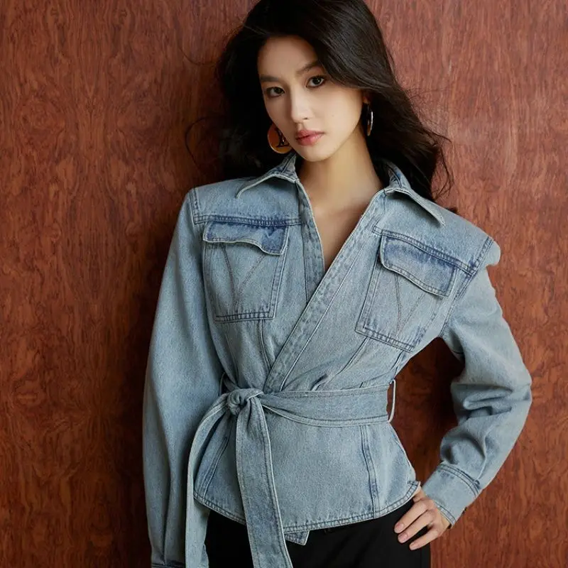 Trend V-neck Belt High-waisted Jeans Jacket Luxury Designer Women's Clothing Autumn Long-sleeved Cropped Top Streetwear Washed