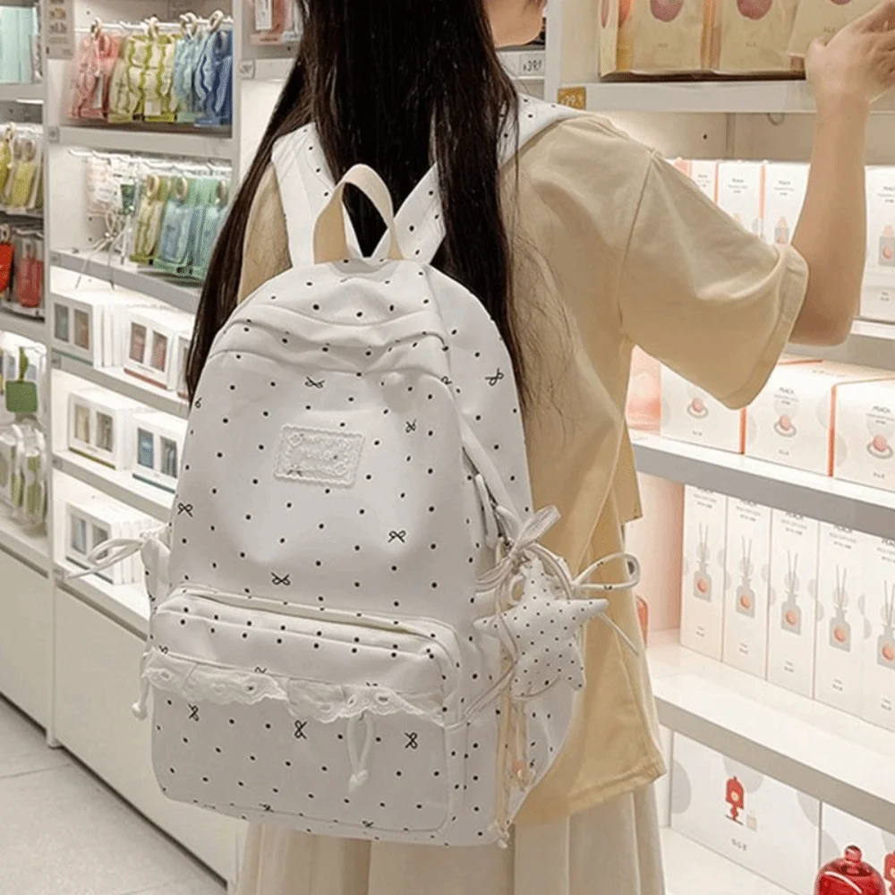 Large Capacity Campus Backpack Bowknot Lightweight Student Schoolbag Soft Nylon Material Polka Dot Lace Floral Backpack