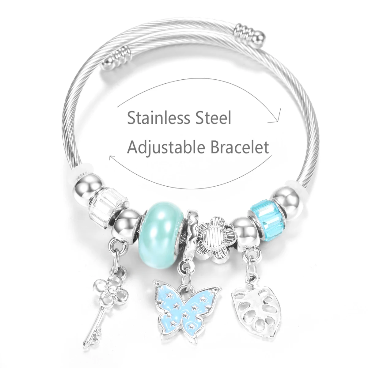 Trendy Ins Style Painted Butterfly Pendant Stainless Steel Beaded Bracelet 4 Colors Closure Bangles Women Charm Bracelet Jewelry