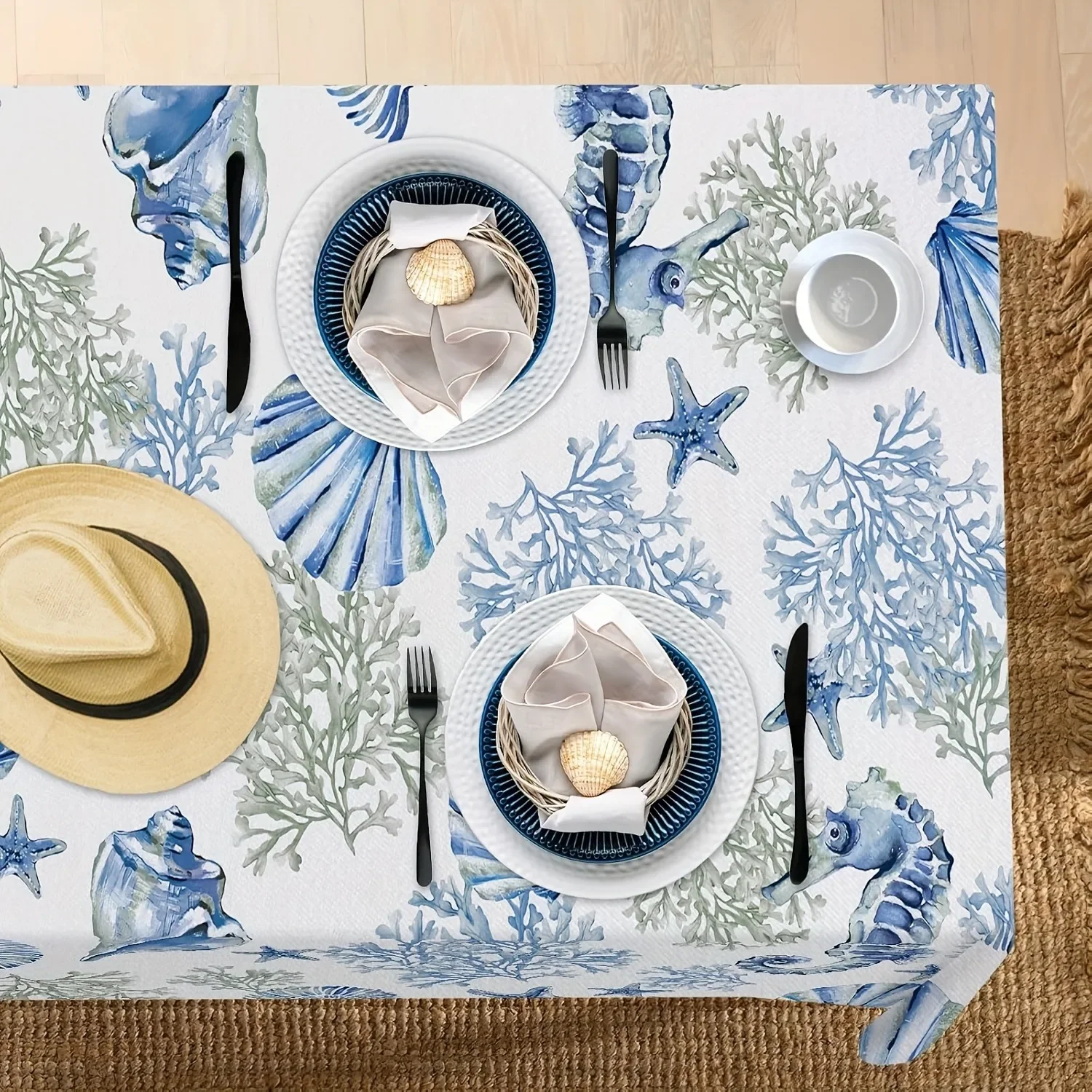 1pc Coastal Style Linen Tablecloth - Blue Beach Theme, Decorated with Conch Shells and Seahorsesyzb