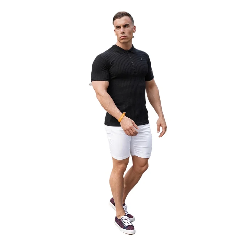 

Mens Fashion Turn Neck Knitted Gym Sports Slim Fit Fitness Bodybuilding Workout Summer Solid Color Gym Short Sleeve Polos