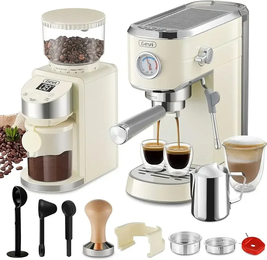 Gevi-Compact Professional Espresso Coffee Machine with Milk Frother, Latte and Cappuccino Burr, 20 Bar