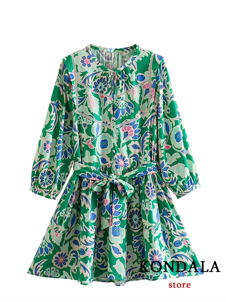 KONDALA Vintage Print Green A-Line Women Shirt Dress Fashion 2023 Summer Long Sleeve Lace Belt Chic Casual Mini Holiday Vestidos