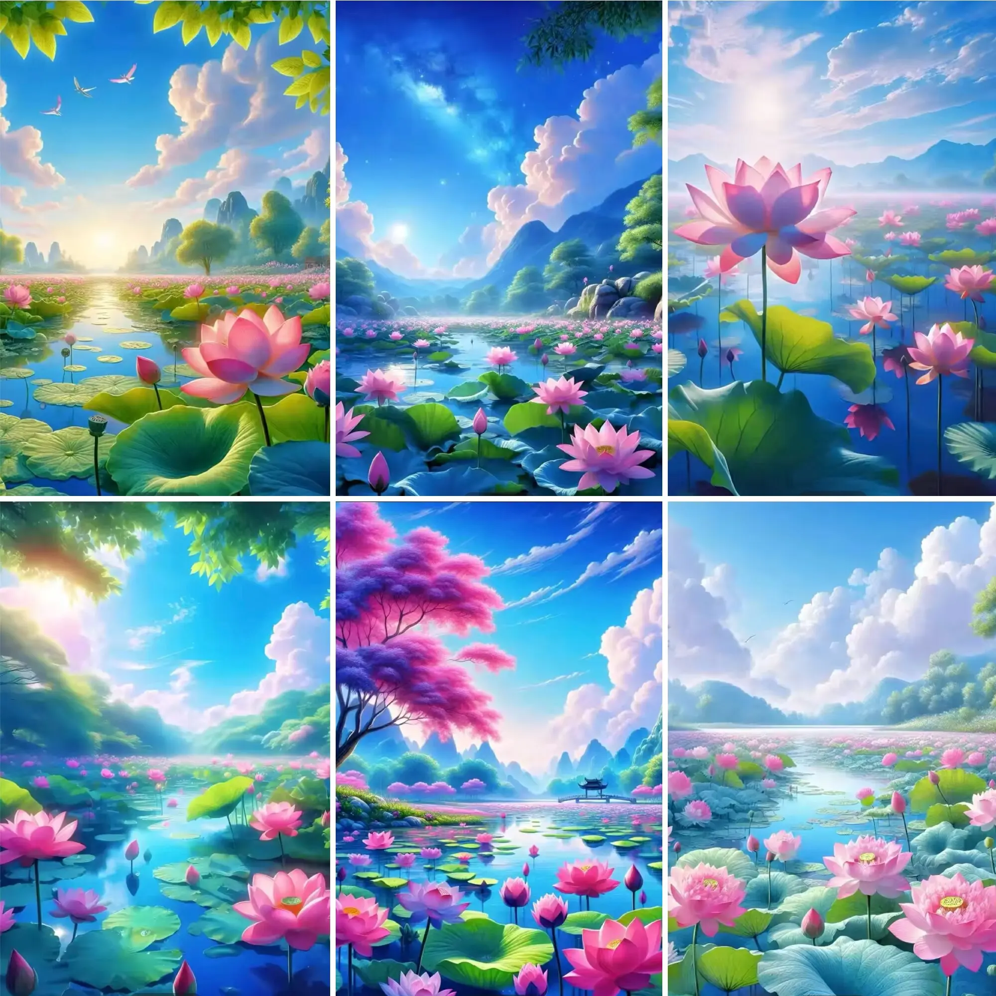 

Blooming colorful lotus themed background blue sky white clouds lotus leaves lake water family birthday party decor poster