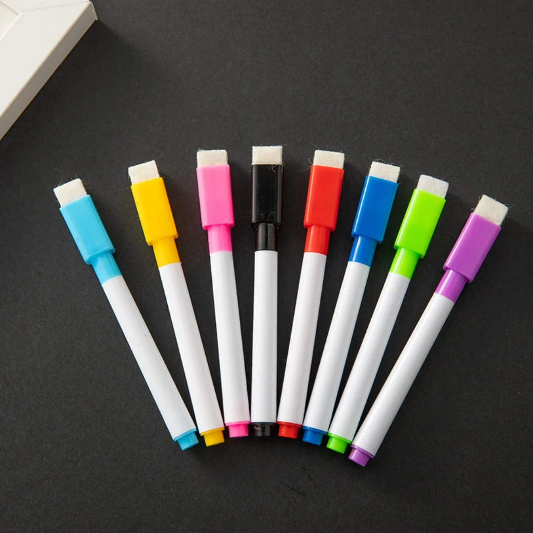 8 pçs/set ponta de bala 11.3*1cm tamanho pequeno sem marcadores de apagamento a seco de quadro branco magnético, 8 cores * 1pcs caneta magnética