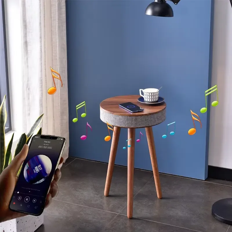 Smart Bluetooth Speaker Solid Wood Side Table with Wireless Charging Multifunctional Storage Nightstand for Living Room Decor