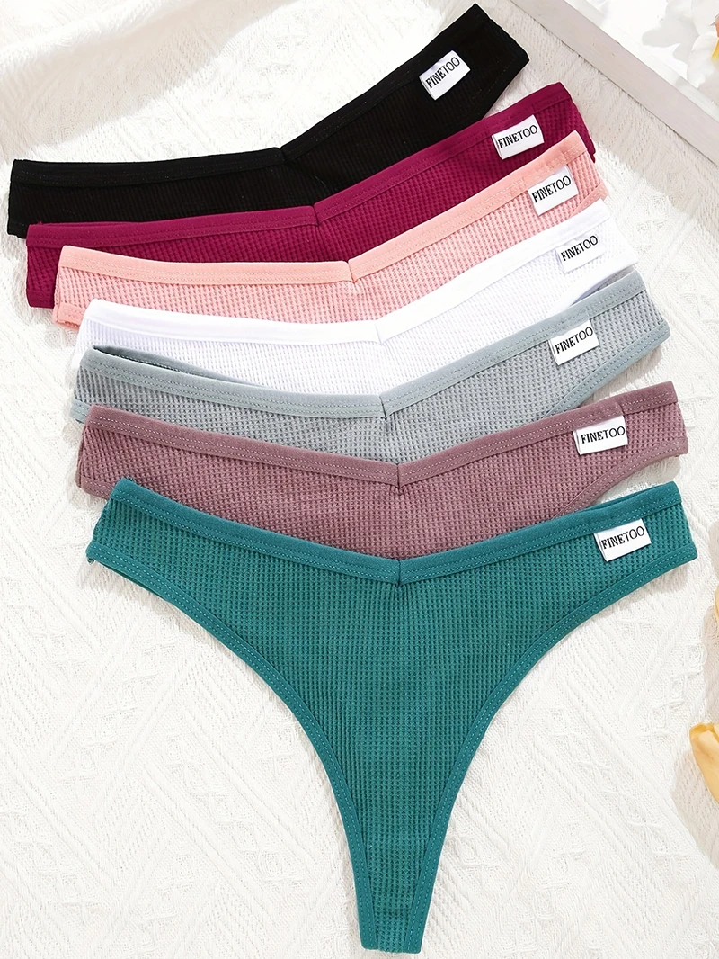 4PCS/Set Waffle Panties Cotton Women Panties Sexy Thongs V Waist Solid Color Fe… - Image 3
