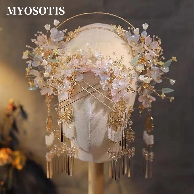 New Vintage Hanfu Hairband Chinese Classic Crystal Bead Hairpins Flowers With Tassel Headwear Wedding Accessories