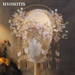 New Vintage Hanfu Hairband Chinese Classic Crystal Bead Hairpins Flowers With Tassel Headwear Wedding Accessories