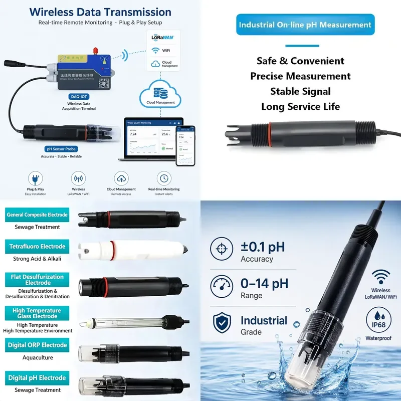 WiFi Wireless pH Sensor 0-14pH 0.1 Accuracy with Temperature Measurement IP64 Modbus RTU MQTT for Water Quality Monitoring