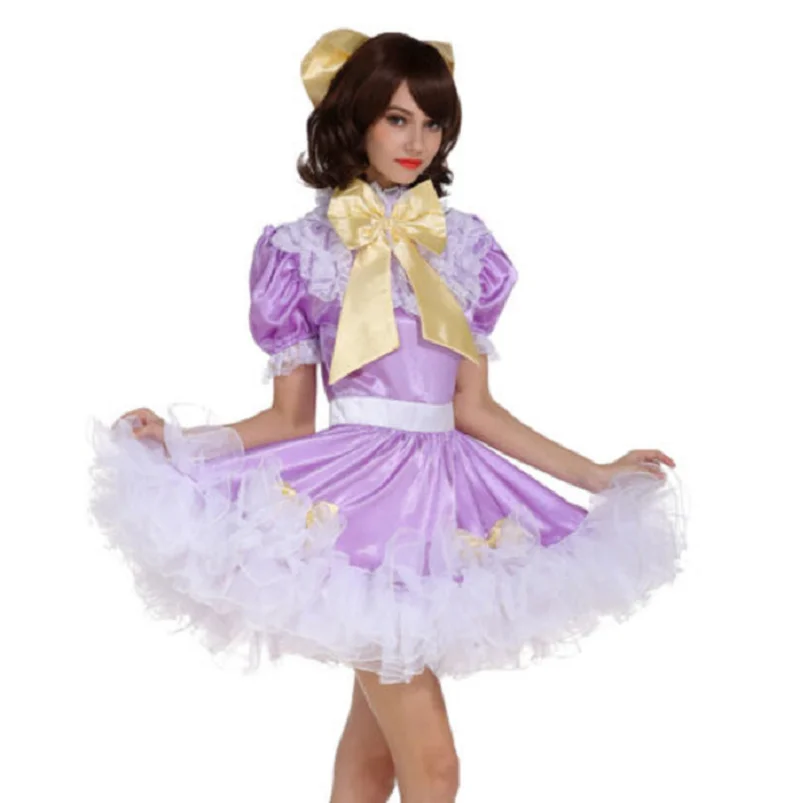 Hot selling purple maid sissy  silk dress custom Cosplay dress