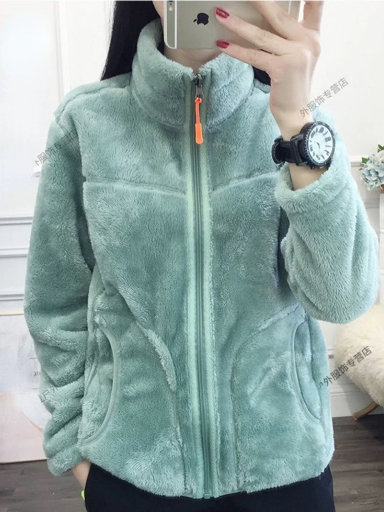 Autumn Winter Fleece Jacket Women Double-sided Wear Thickened Warm Zip Long Sleeve Double Sided Fleece Coat Pockets Outdoor Coat