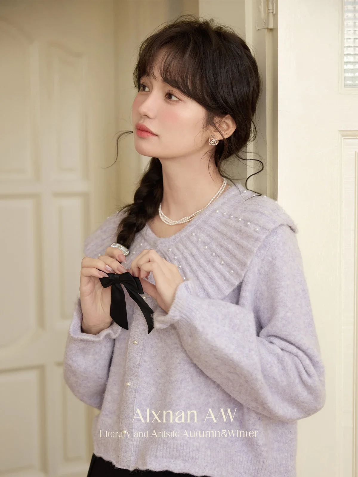 ALXNAN Women Purple Sweaters Doll Collar Lantern Sleeves Pearl Bow Jumper 2024 Winter Warm Knitted Temperament Pullovers L52607