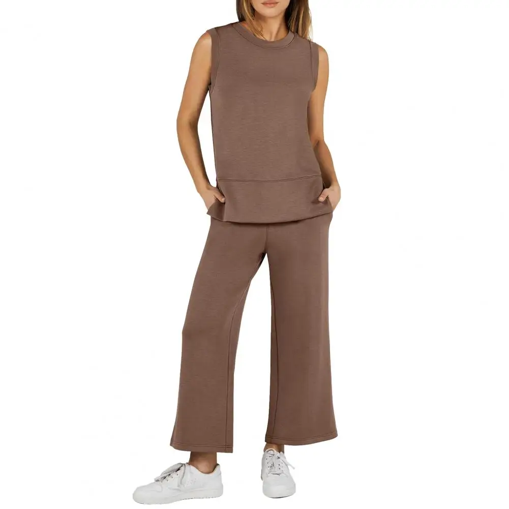 

Women Casual Two-piece Suit Stylish Women's Sleeveless Top Wide Leg Pants Set with Side Slit Detail Pockets for Daily Wear