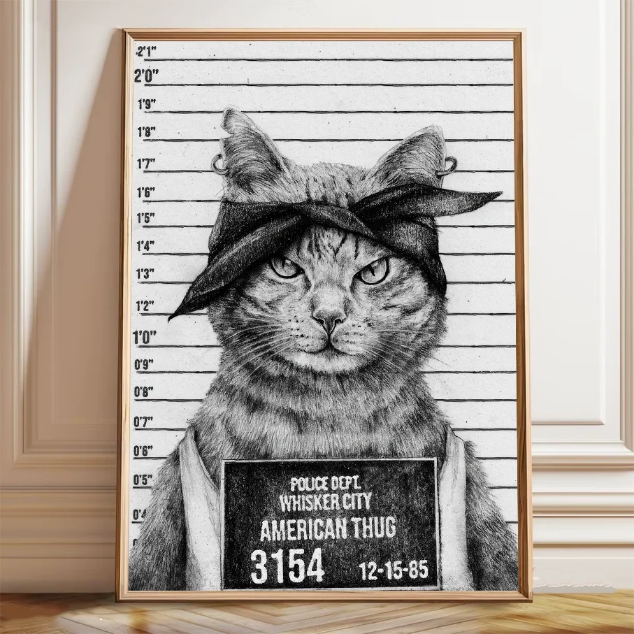 Funny Cat Mugshot Canvas Print American Thug Whisker City Black & White Sketch Wall Art Pet Home Decor Poster