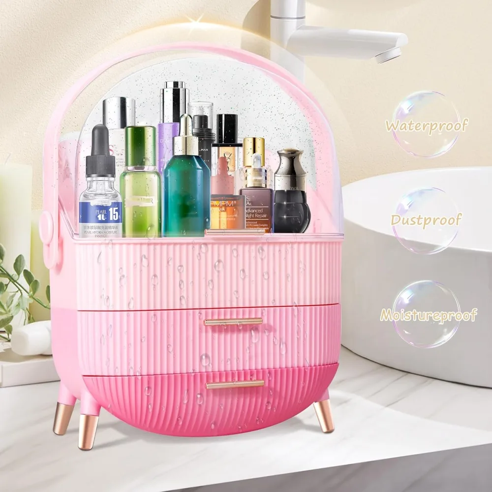 Triple Pink Makeup Organizer with Drawers, Large Capacity Cosmetic Storage Case for Skincare Jewelry Display