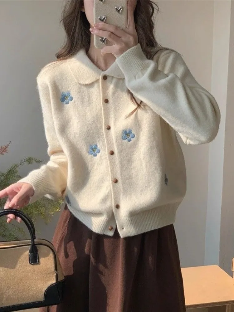 Sweet Sle المطرزة الأزهار Ne تريكو ملابس خارجية المرأة فضفاضة تناسب الخريف الشتاء Faion الكورية Sle الأعلى #1