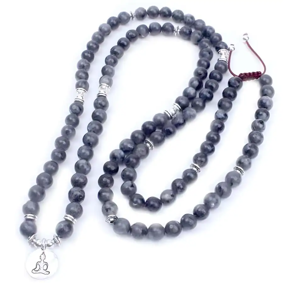 

8mm Spectrolite Gemstone Beads Tassel Mala Necklace Hand Spiritual Chaplet Buddhist Bodhi zazen Chakra Yoga Bead Jewelry