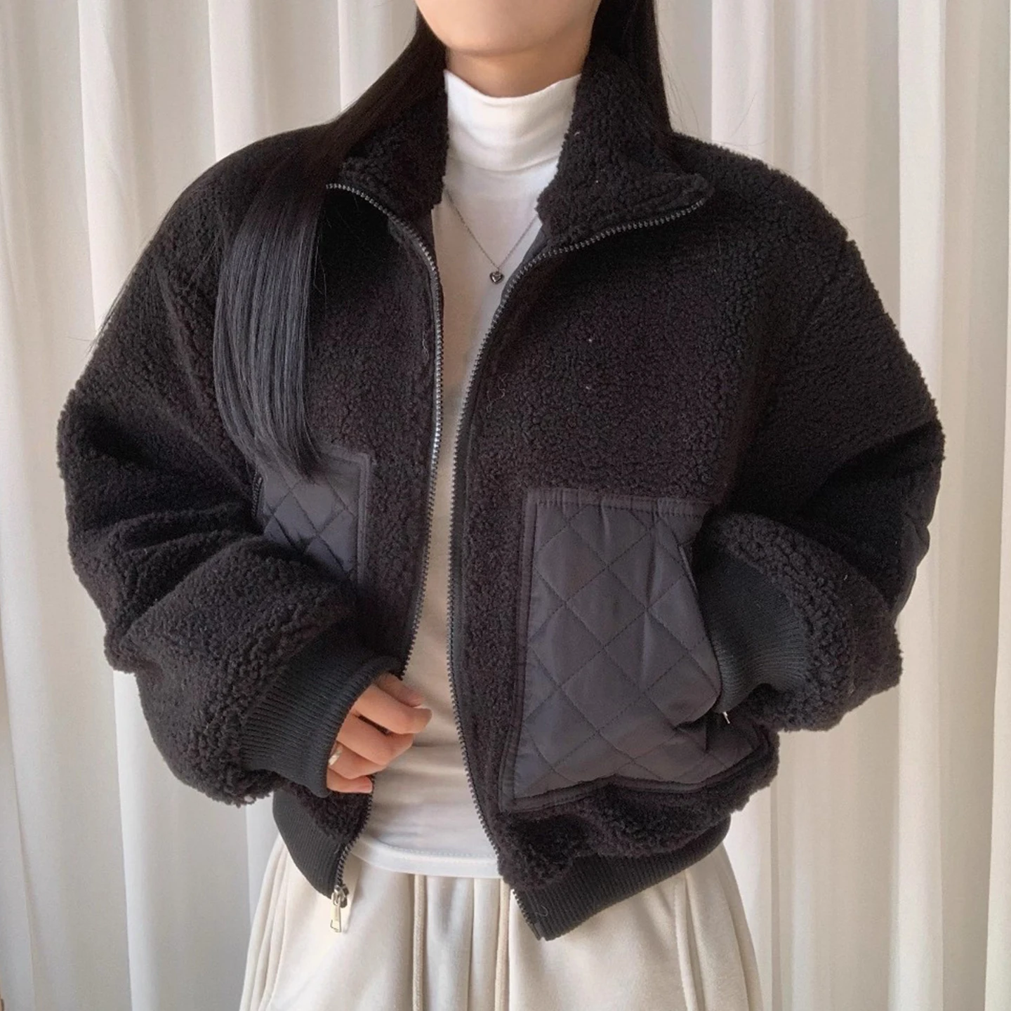 レトロな個性的なダイヤモンドジッパー付きラムファーのジャケット、レディースコットン服、冬の新作、通勤、韓国風...