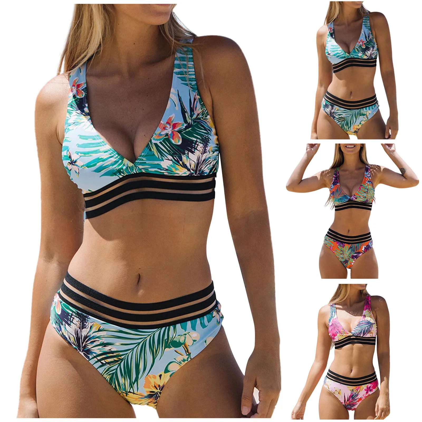 Summer High Waist Floral Printed Beach Trees Element For Female Bikini Suit Fashion Common Sexy Two Piece Bathing Swimsuit