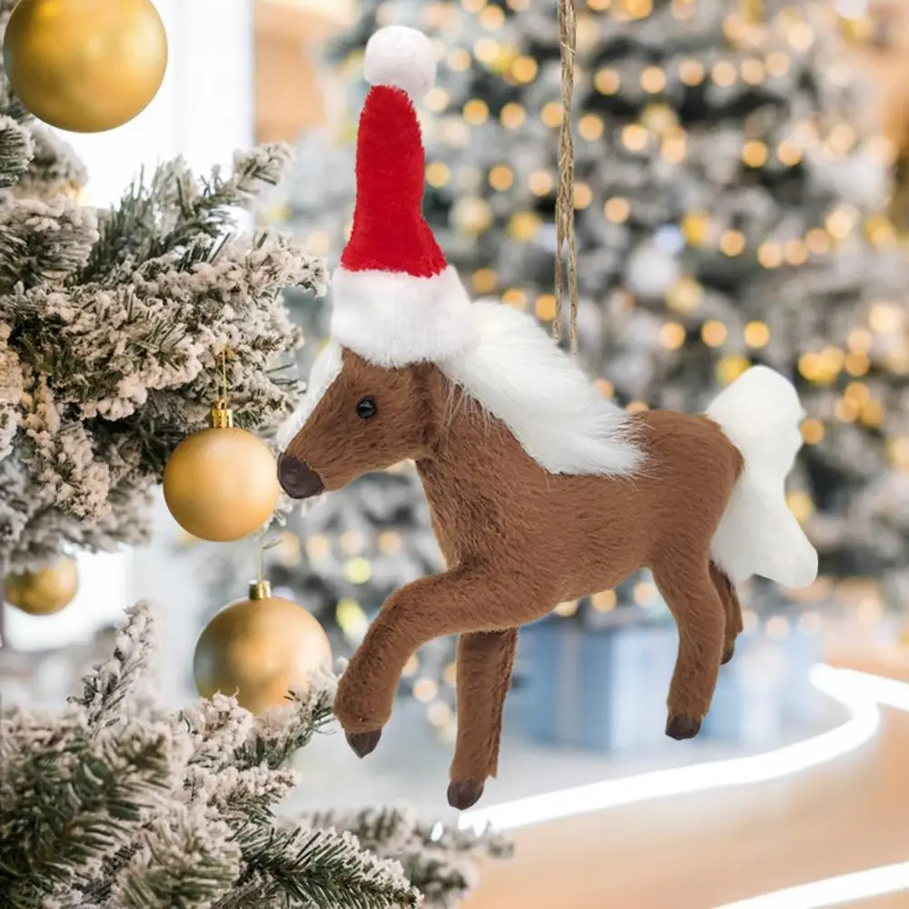 Horse Pendant Lovely Christmas Hat Simulation Animal Model Hanging Ornaments Faux Fur Horse Doll Christmas Tree Pendant Decor