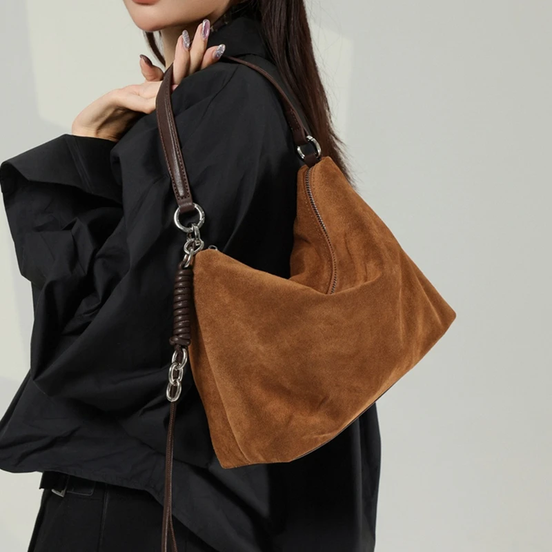 

Burminsa Cowhide Suede Genuine Leather Hobo Shoulder Bags For Women 2025 Luxury Designer Matte Work Crossbody Ladies Handbags