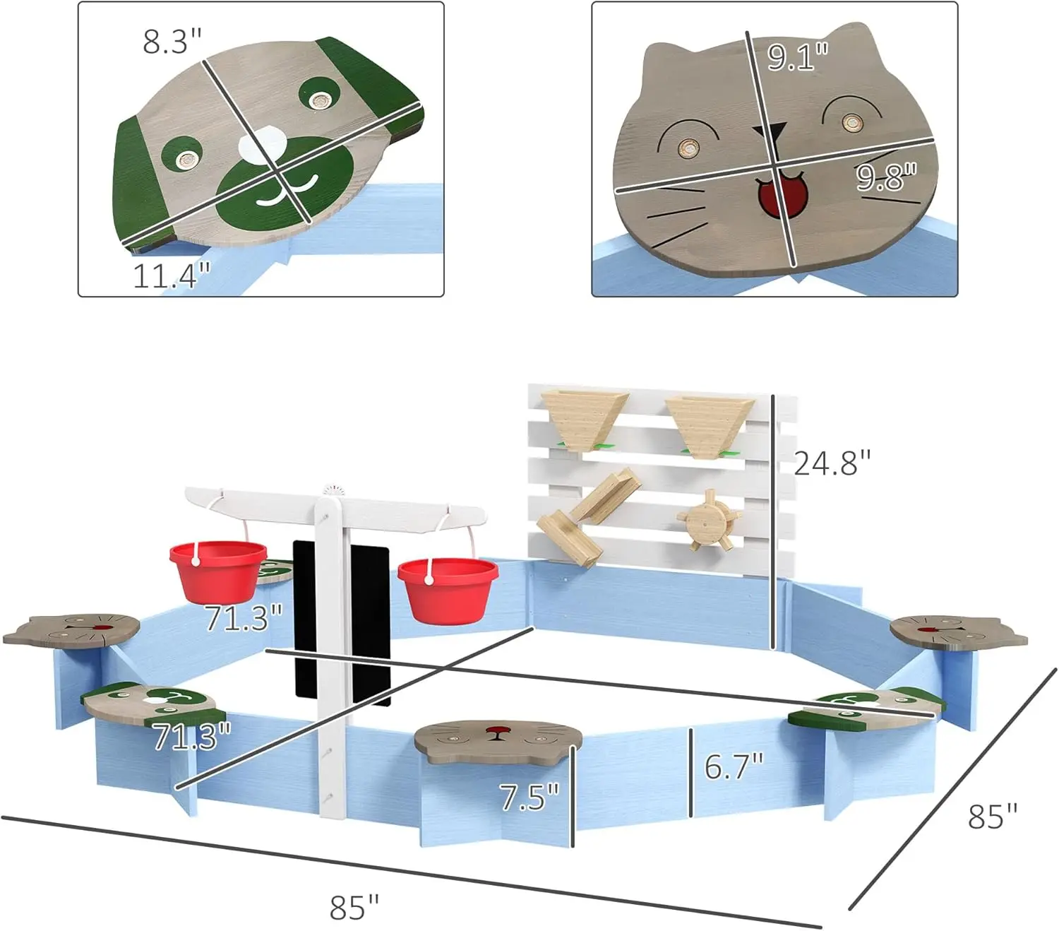 Kinder Holz Sandkasten, große Outdoor-Sand kästen mit 6 Tier gemusterten Sitzen, Wasser & Sand Spielzeug, Eimer, Tafeln, Sandgrube f