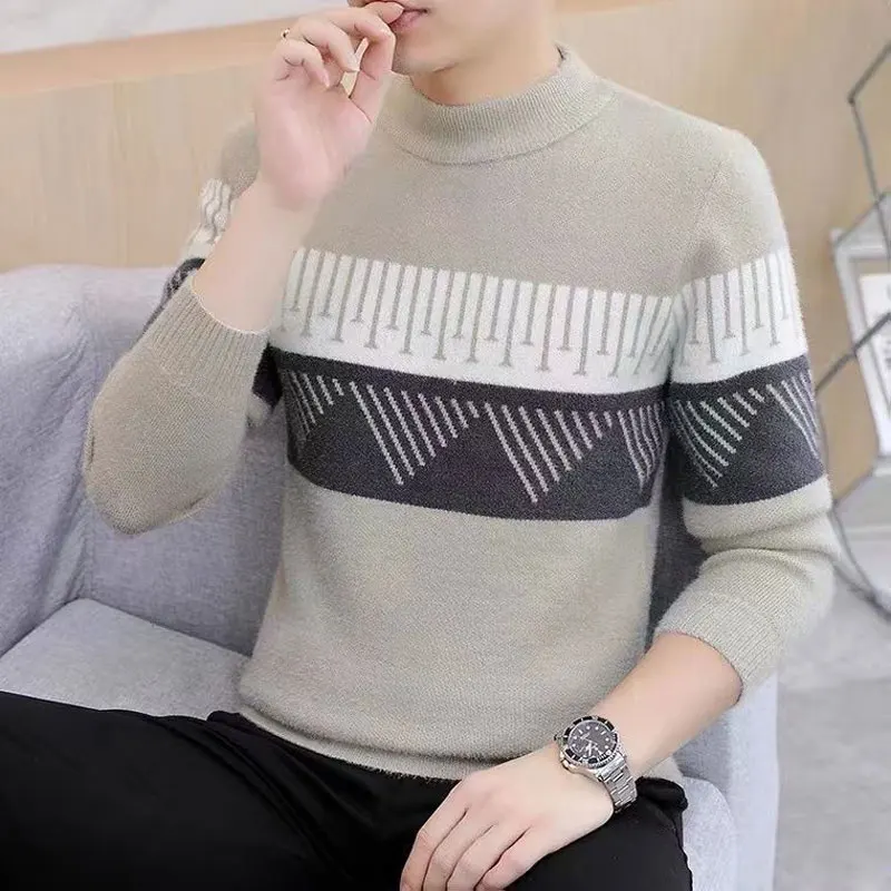 

Autumn Winter Patchwork Sweaters Chic Jacquard Weave Men's Clothing Casual Half High Collar Contrasting Colors Knitted Pullovers