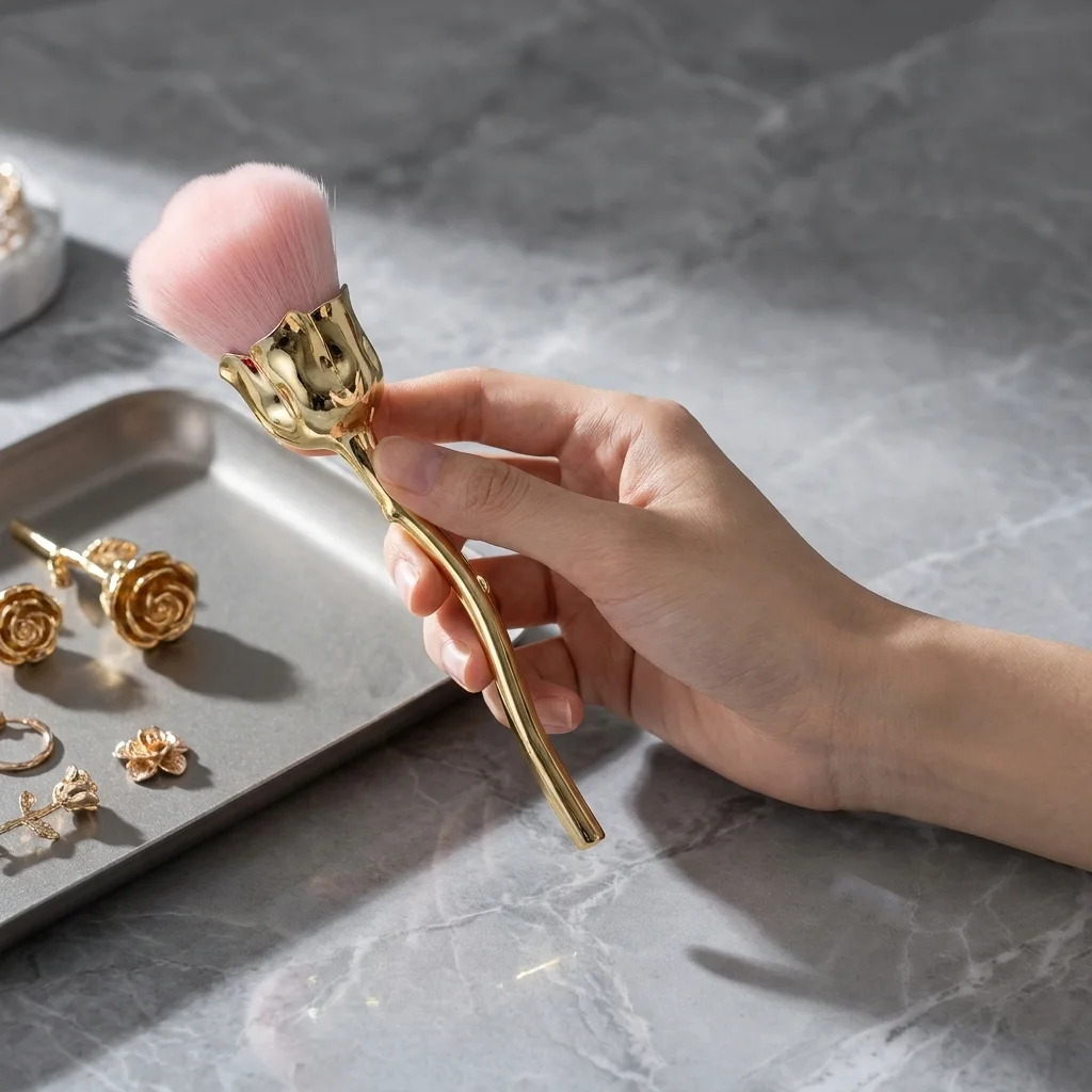Gold Rose Shape Flower Nail Brush Round Small Manicure Brush UV Gel Polish Powder Cleaning Nail Art Tools