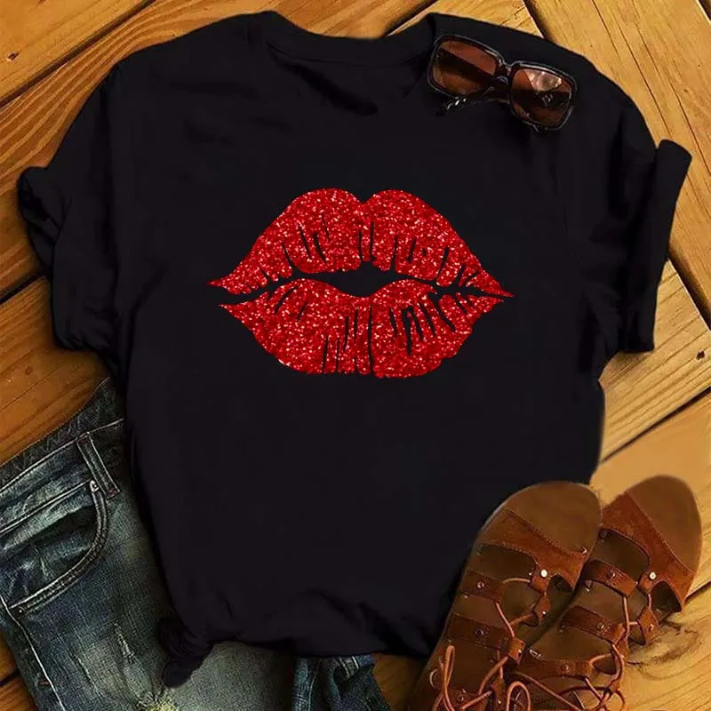 Damen Sommer Kurzarm-T-Shirts Mode Rote Lippen Fingerabdruck Damen T-Shirts Cartoon Damen Grafik-T-Shirts Ästhetische Kleidung