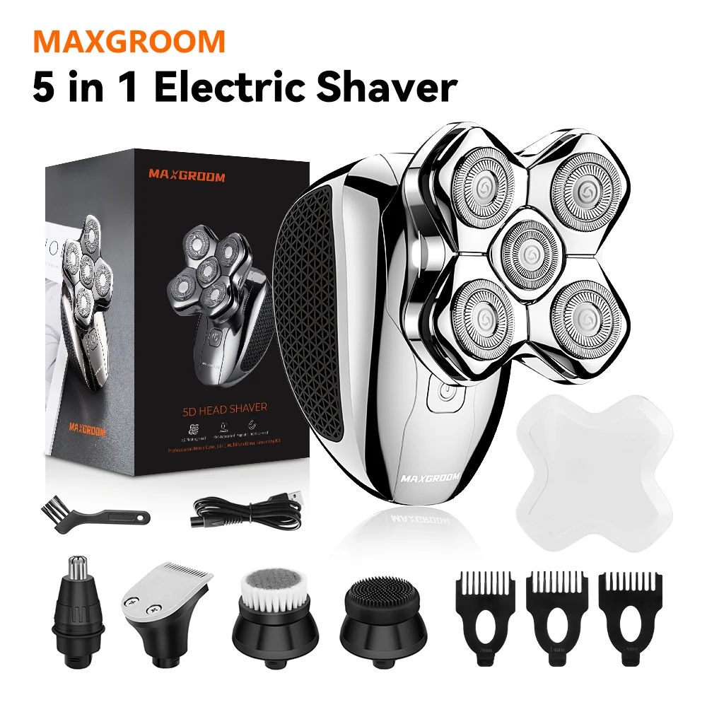 MAXGROOM 5D Head Shavers for Men 5 in 1 Electric Shaver Waterproof Head Shaver Beard Trimmer Rechargeable Head Shaving Machine