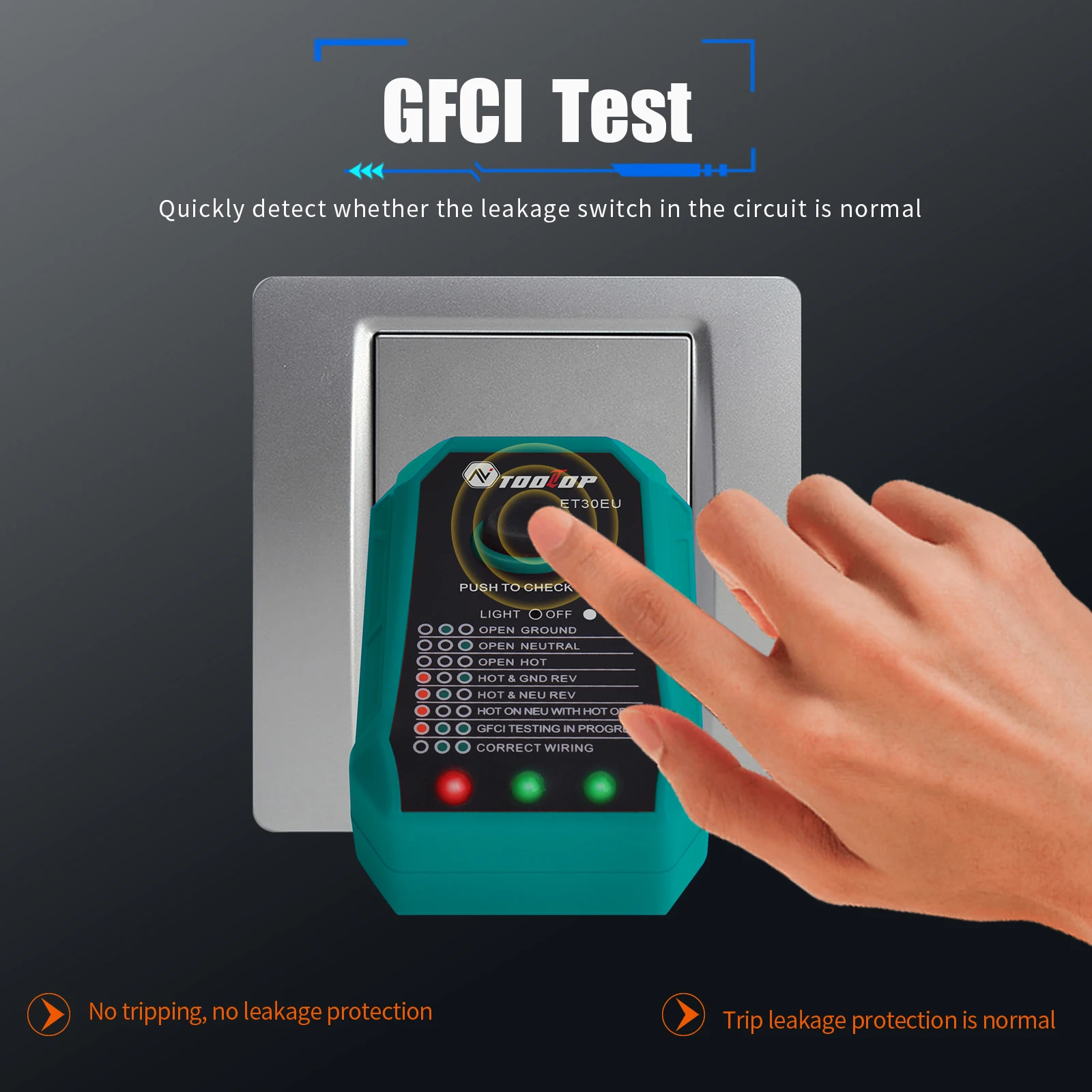 TOOLTOP ET30 GFCI Leitungssuchgerät Steckdosentester EU/US/UK Einstellbare Empfindlichkeit Diagnose von Elektroinstallationen in Wohngebäuden – Detail 6