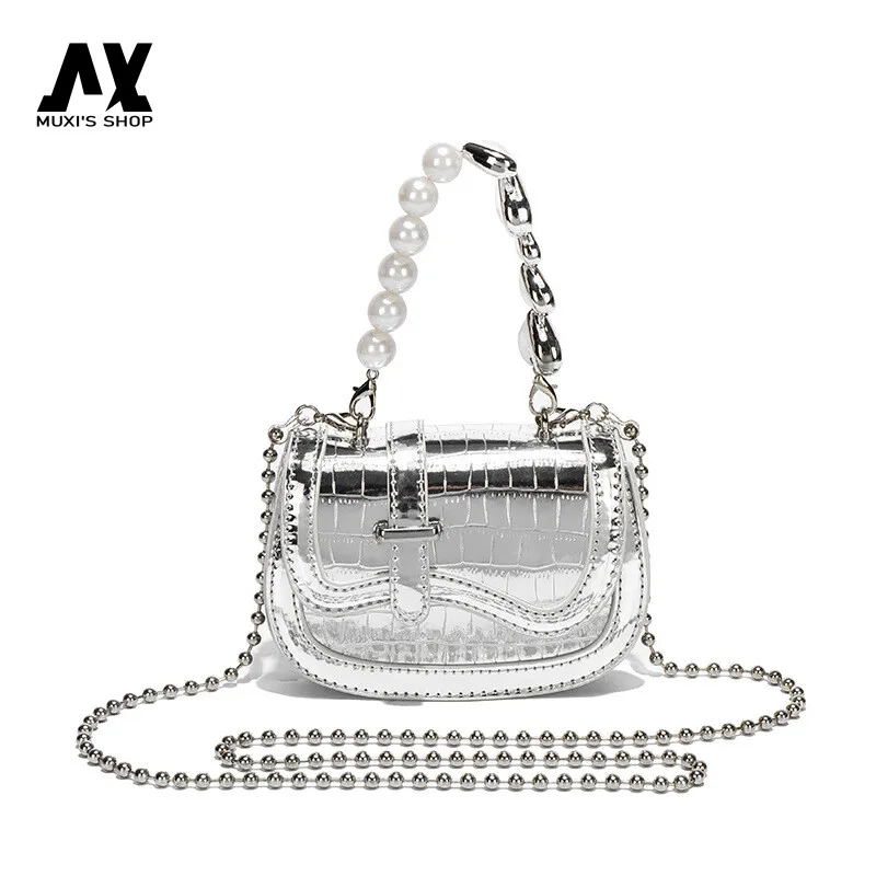 

Popular Explosive Women's Advanced Sense of Minority Texture Pearl Chain Crossbody Mini Silver Handbag