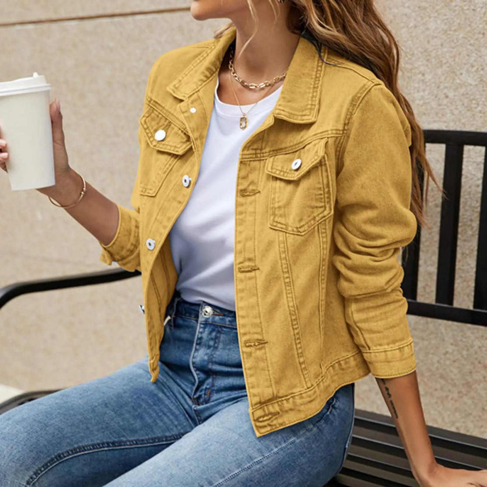 

New Women Casual Denim Short Jacket Spring Autumn Fashion Solid Color V-Neck Long Sleeved Jean Coats Retro Teens Jackets