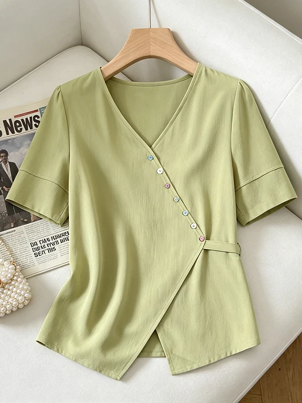 

plus Size Women's V-Neck Short Sleeve T-Shirt Fashionable Button Shirt Slimming Asymmetrical Top Comfortable Breathable