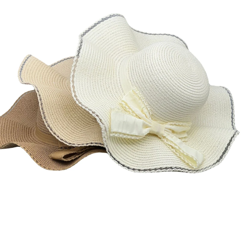 Summer Bow Hat Large Brimmed Straw Hat Outdoor Beach Sun Hat Women\'s Wave Border Sun Hat