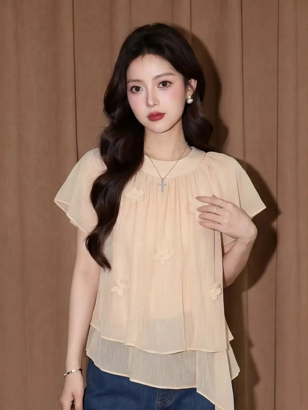 

Unique Beautiful Short Sleeve Chiffon Shirt Double Layer Mesh Floral Design Loose Casual Versatile Women's Top Korean Style