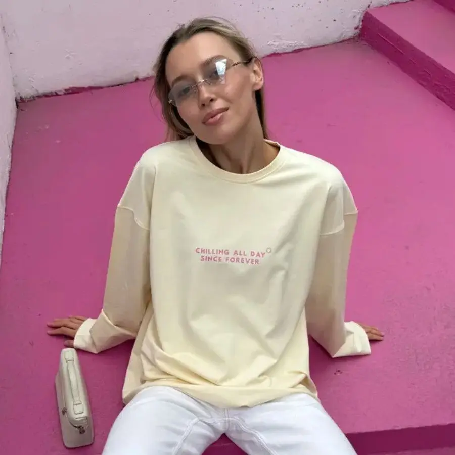 연노랑 100% 면 긴팔 티셔츠 얇은 스웨트셔츠 재미있는 귀여운 레터링 루즈핏 큰 사이즈 대학생 여성 기본 가을 겨울